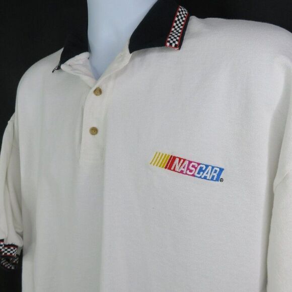 Nascar Polo Shirt Mens 2XL 100% Cotton Race Flag Trim White Black Check Red SS - Picture 1 of 12